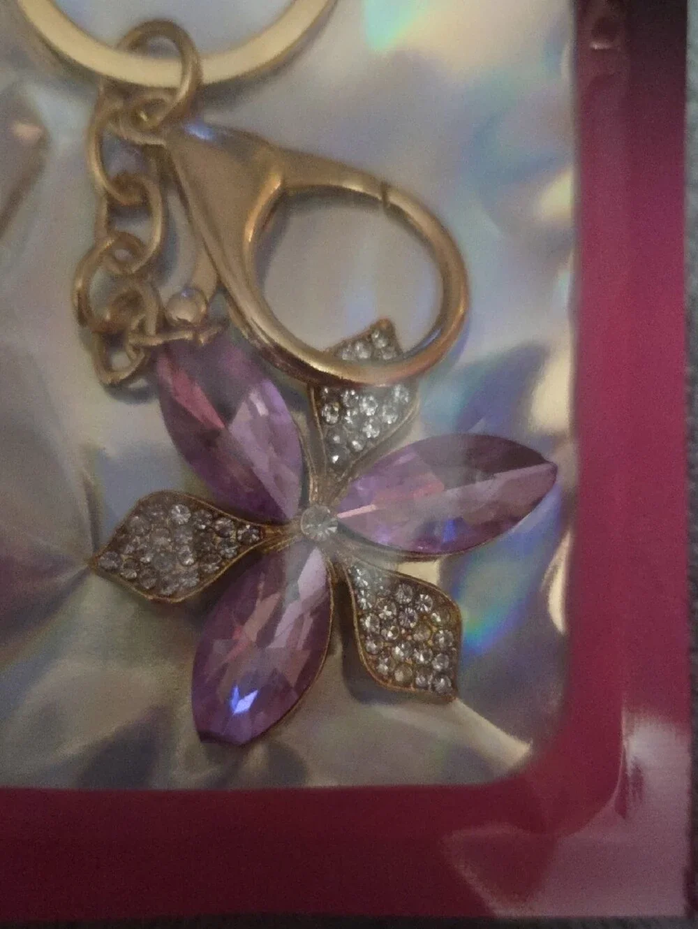 Keychain  Gold with Purple Crystal Flower Charm NWOT